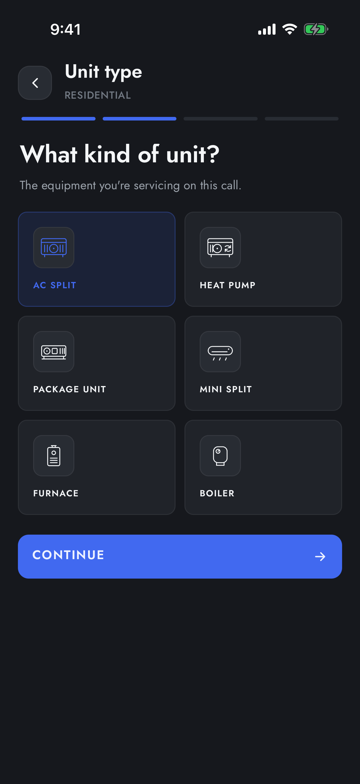 Unit type picker with tappable tiles: AC Split, Heat Pump, Package Unit, Mini Split, Furnace, Boiler, and a Continue button.