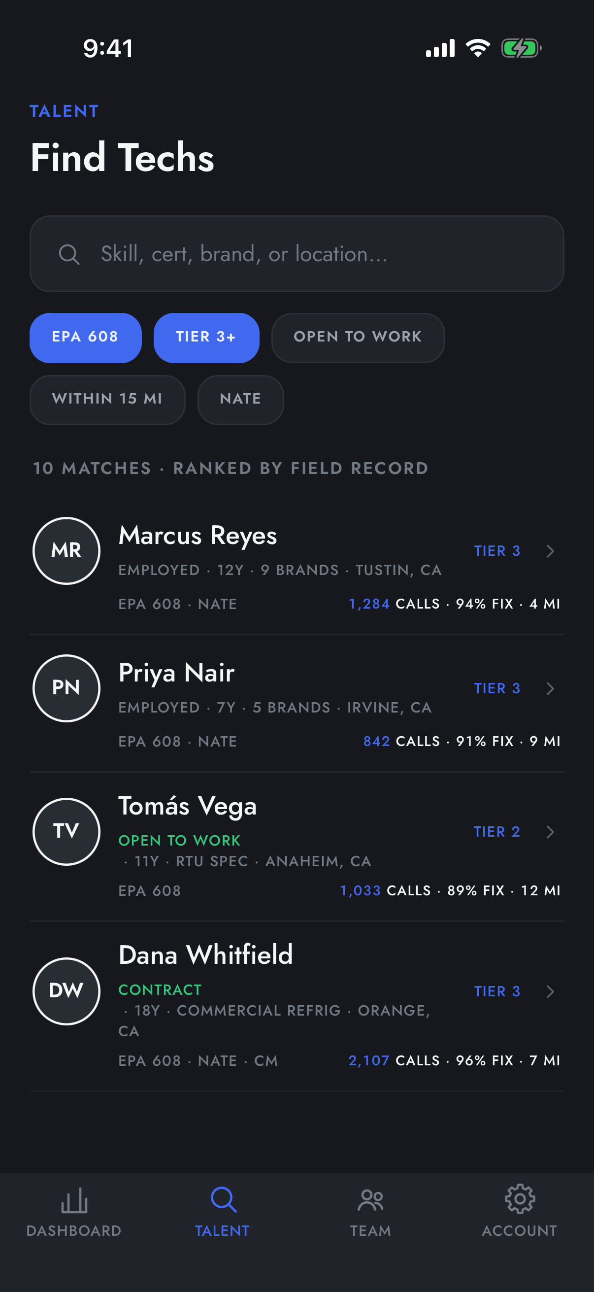 Find Techs screen with a search field for skill, cert, brand or location, filter chips for EPA 608, Tier 3+, Open to work and NATE, and matches ranked by field record.